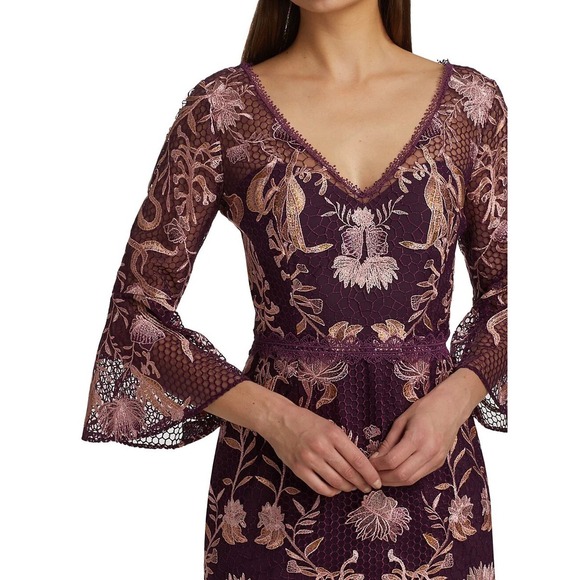 Marchesa Notte Flutter Sleeve V-Neck Embroidered Guipure Lace Midi Dress Size 10 - Picture 6 of 13